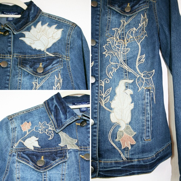 Floral Embroidered Med. Wash Denim Jacket NWT - Picture 4 of 8
